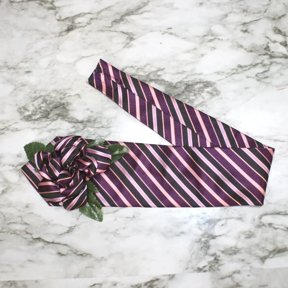 HAND CRAFTED Wrap Headband Silk Stripes Wide Upcycled Necktie Retro Plum Purple
